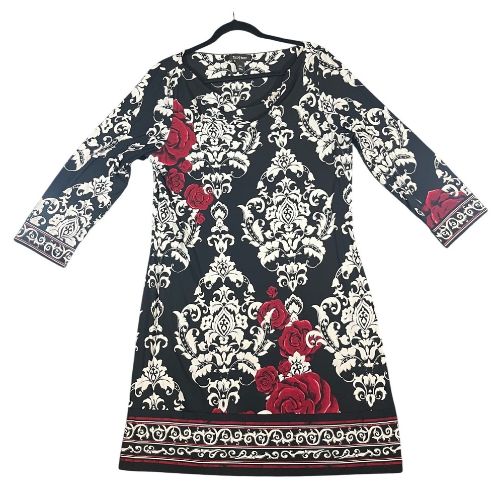 White House Black Market Dress XL Black White Red Rose Damask 3/4 Sleeve Shift